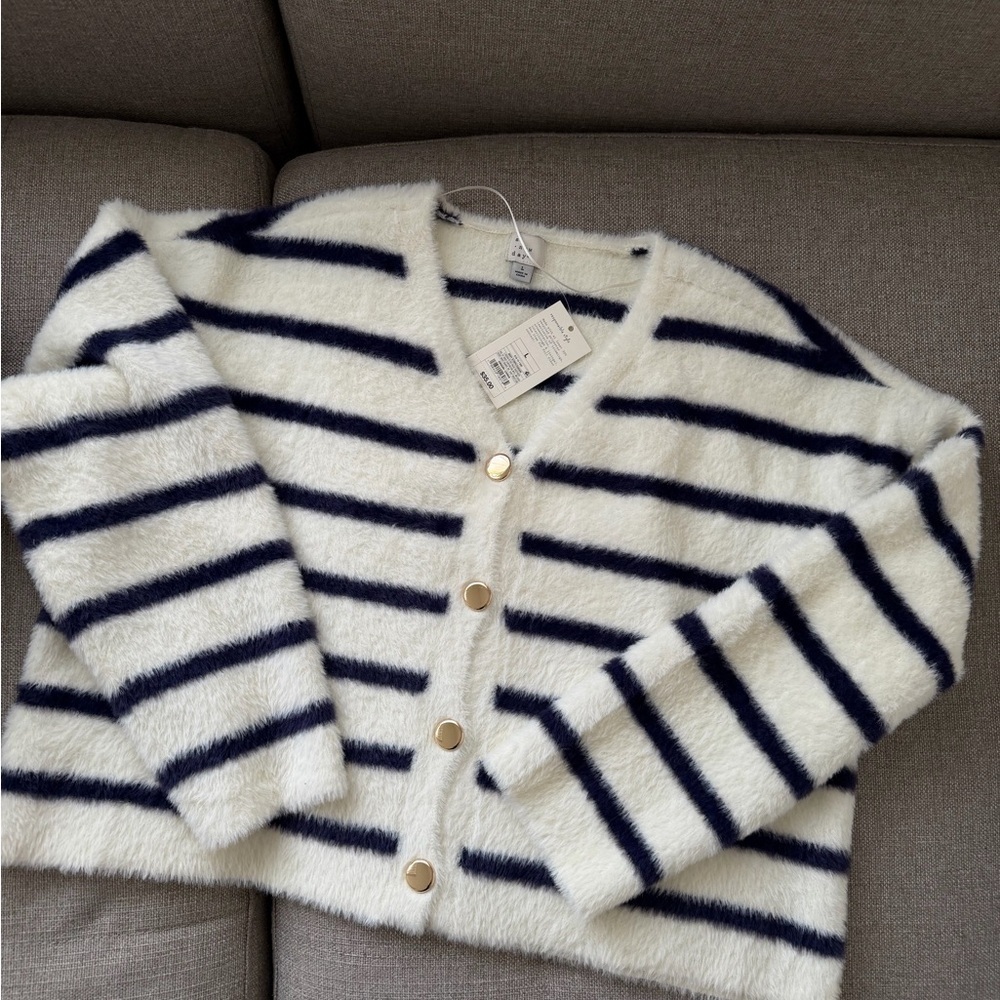 A New Day Women's Fuzzy Party Cardigan in cream and navy blue stripes Size L NWT - Picture 8 of 13